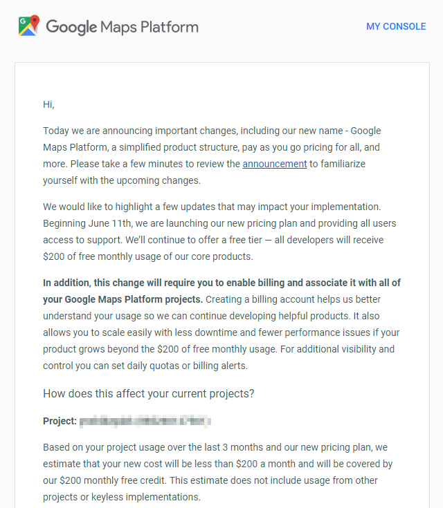 Google Maps Platform から [Action Required] Changes to your Google Maps APIs account というメールが届きました